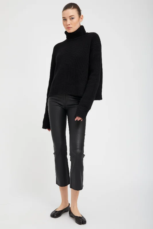 Black Leather 5 Pocket Crop Flare Pants