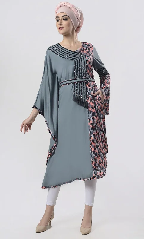 Superior Grey Semi-Kaftan Bell Sleeves Printed Tunic With Belt