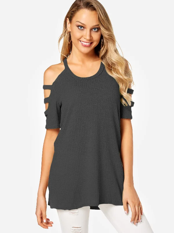 Custom Cold Shoulder Half Sleeve Slit Hem Grey T-Shirts