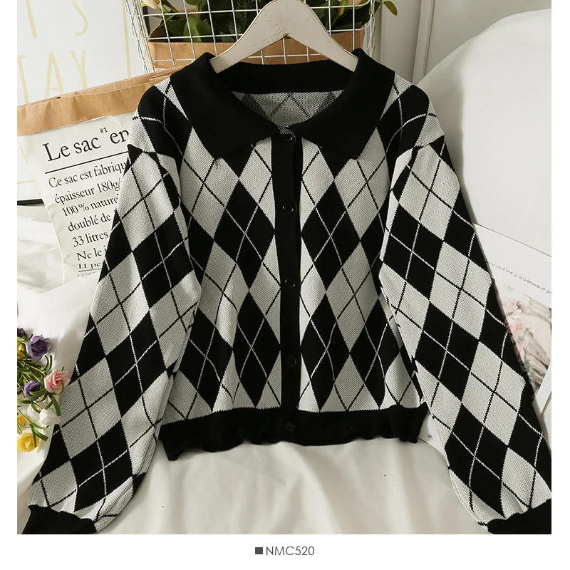 Vintage Lapel single breasted cardigan long sleeve sweater women's autumn  1819