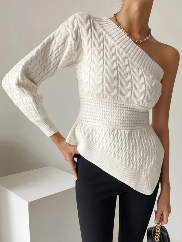 One Shoulder Asymmetrical Trendy Cable Knit Sweater