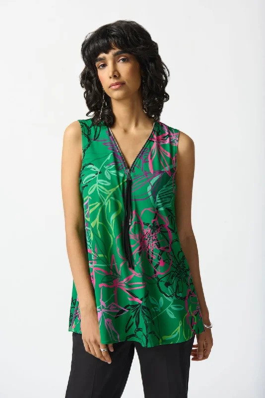 Joseph Ribkoff Green/Multi Floral Print Zip Front Sleeveless Tunic Top 242235