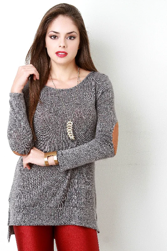 Crisscross Back Elbow Patch High Low Sweater