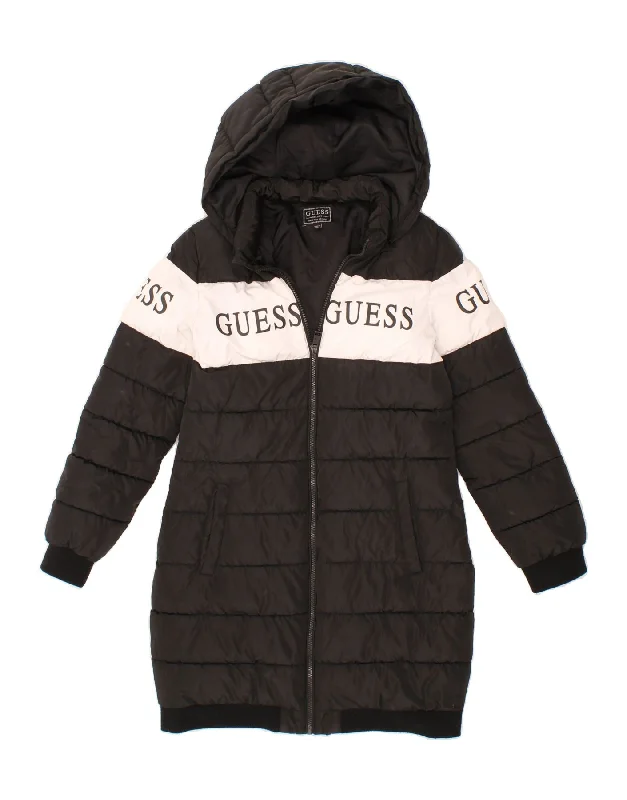 GUESS Womens Graphic Hooded Padded Coat UK 14 Medium Black Colourblock