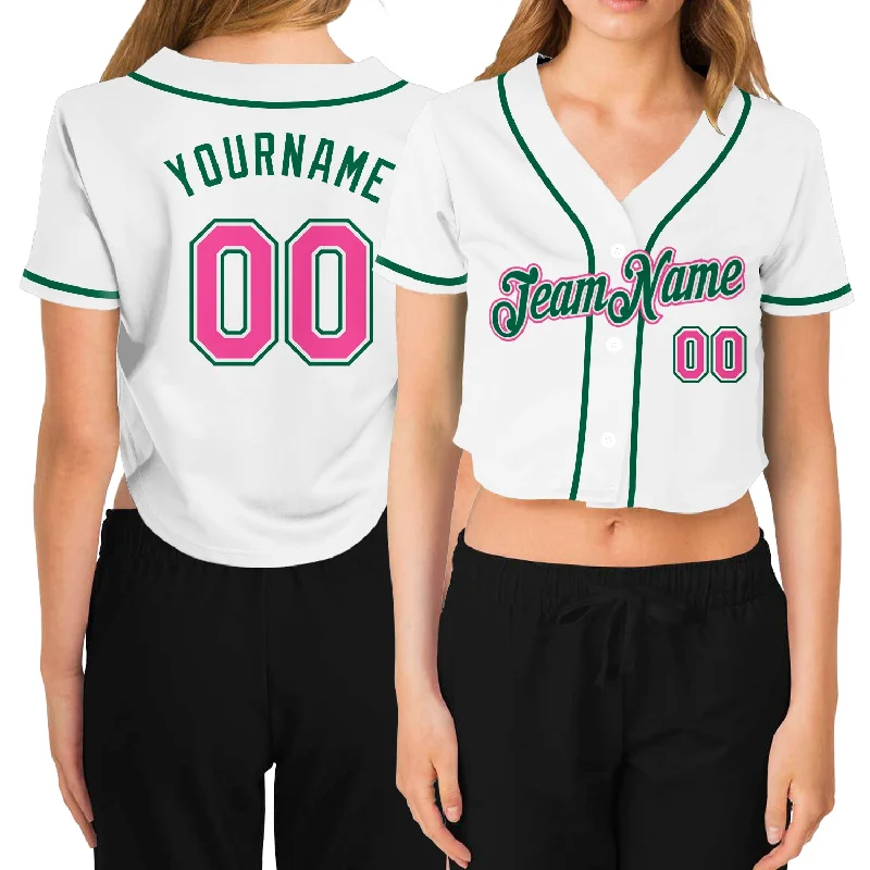 Custom Women's White Pink-Green V-Neck Cropped Baseball Jersey