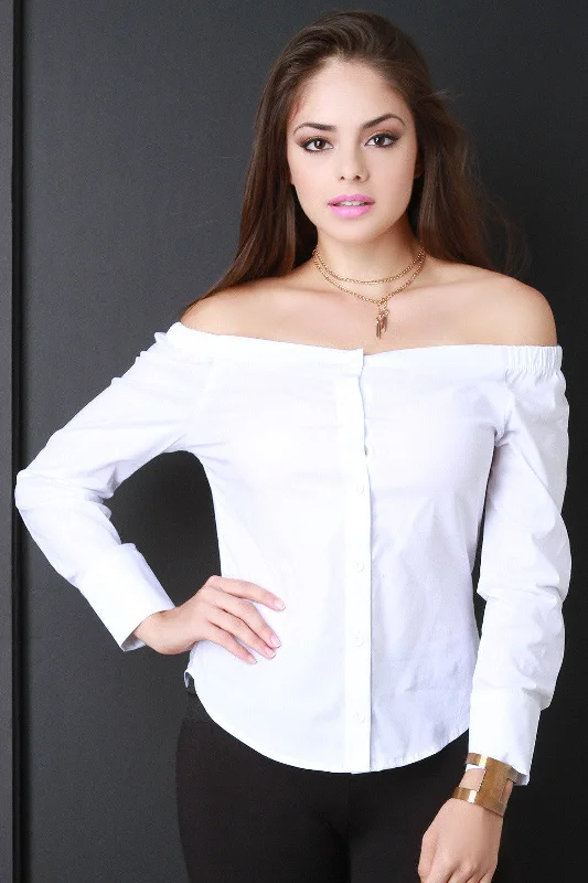 Long Sleeve Off The Shoulder Button Up Top