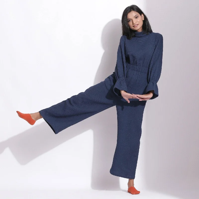 Navy Blue Warm Cotton Waffle Ankle Length Overall