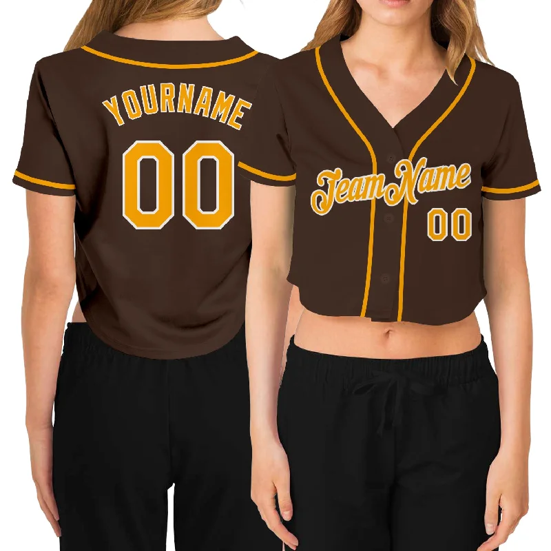 Custom Women's Brown Gold-White V-Neck Cropped Baseball Jersey