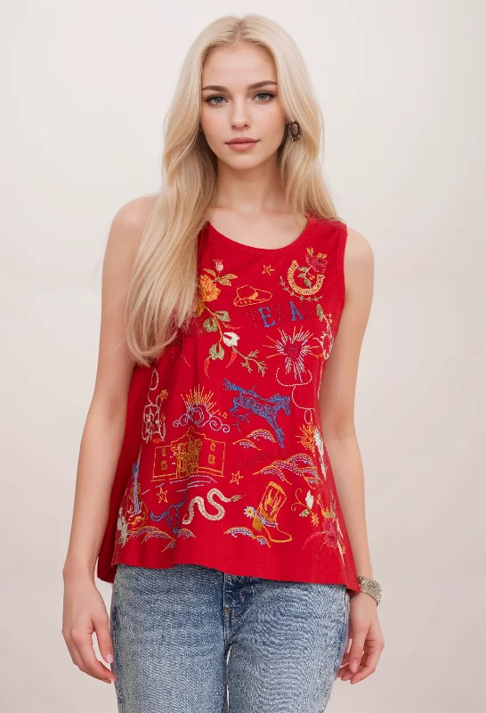 Johnny Was Red Texas Knit Embroidered Tank Top R12624