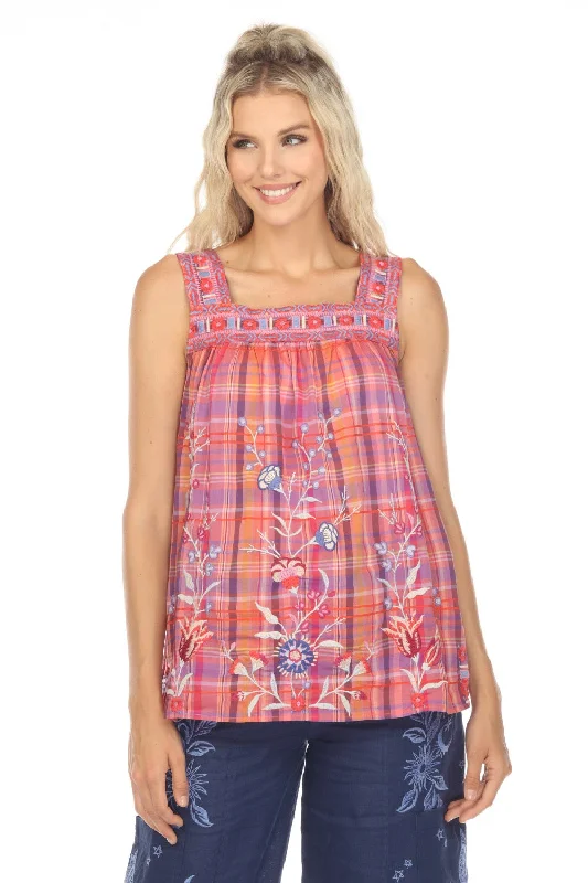 Johnny Was Workshop Piper Plaid Embroidered Square Neck Tank Boho Chic W10823