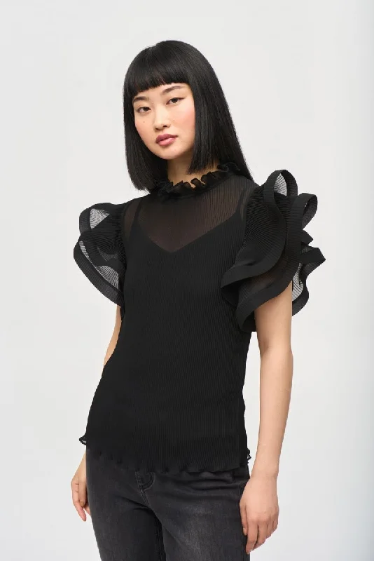 Joseph Ribkoff Black Chiffon Ruffled Sleeve Turtle Neck Top 243957