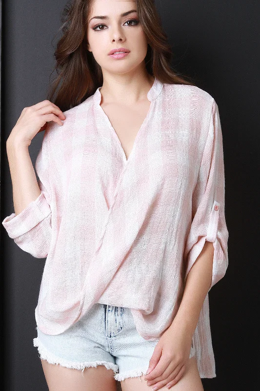 Draped Deep V Gingham Print Top