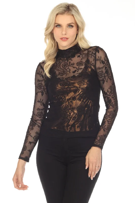 Johnny Was Love Black Dina Mesh Embroidered Long Sleeve Tee L16923