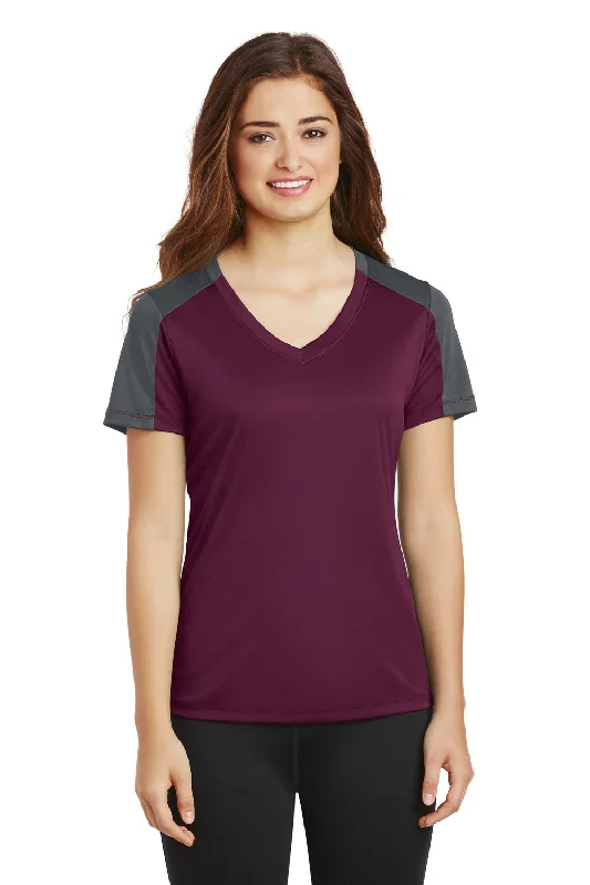 Sport-Tek Womens Competitor Moisture Wicking Short Sleeve V-Neck T-Shirt - Maroon/Iron Grey - Closeout