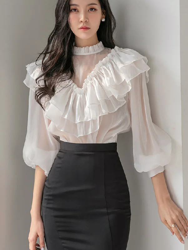 B2714 Half Neck Frill Sheer Blouse