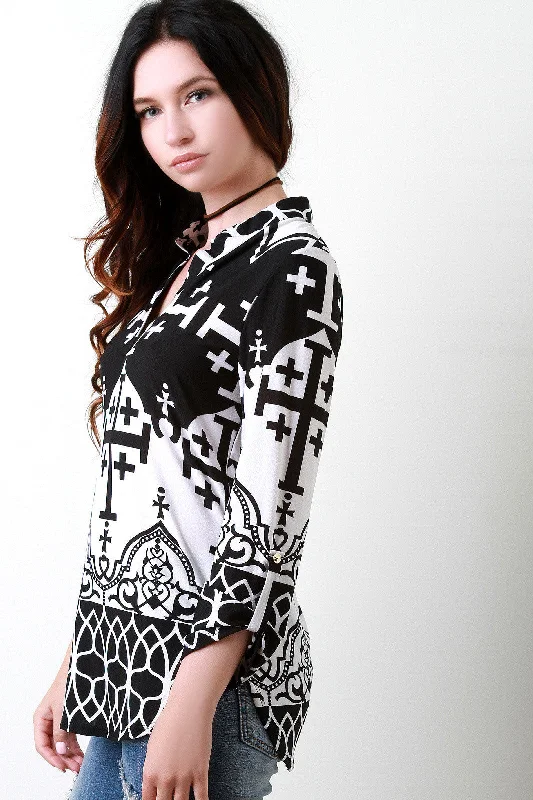 Crosses and Patterns Longsleeves Placket Top