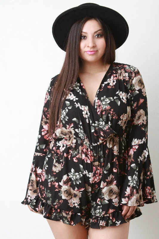 Floral Print Bell Sleeve Surplice Romper