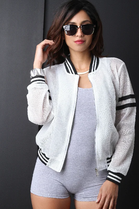 Honeycomb Mesh Stripe Trim Bomber Jacket