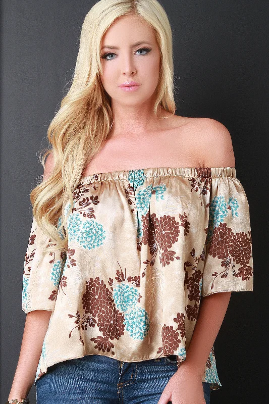 Floral Print Satin Off The Shoulder Top