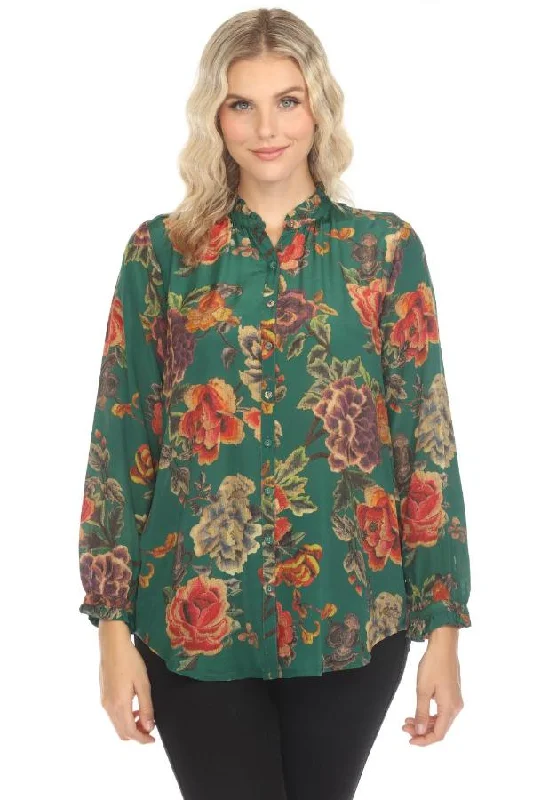 Johnny Was Green Yoella Zinnia Meadow Silk Tunic Top C23324BO