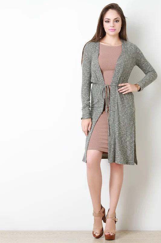 Marled Knit Long Side Slit Cardigan