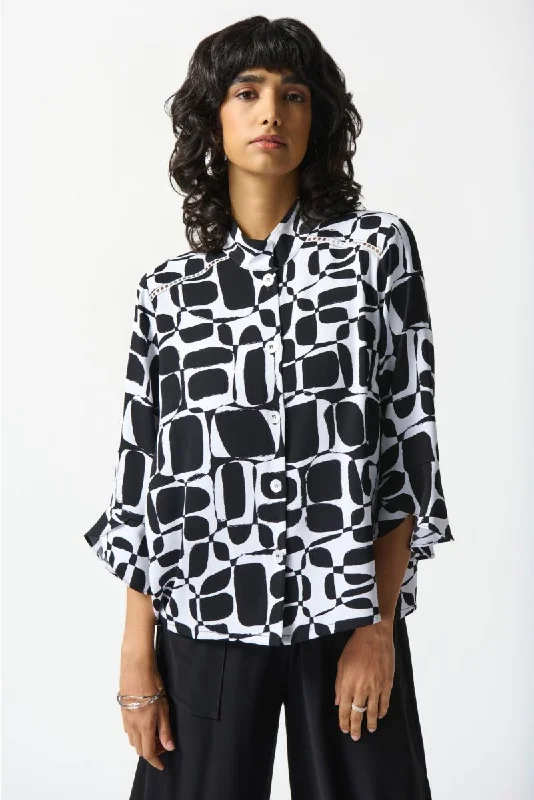 Joseph Ribkoff Vanilla/Black Geometric Print Button Front Boxy Blouse 242213