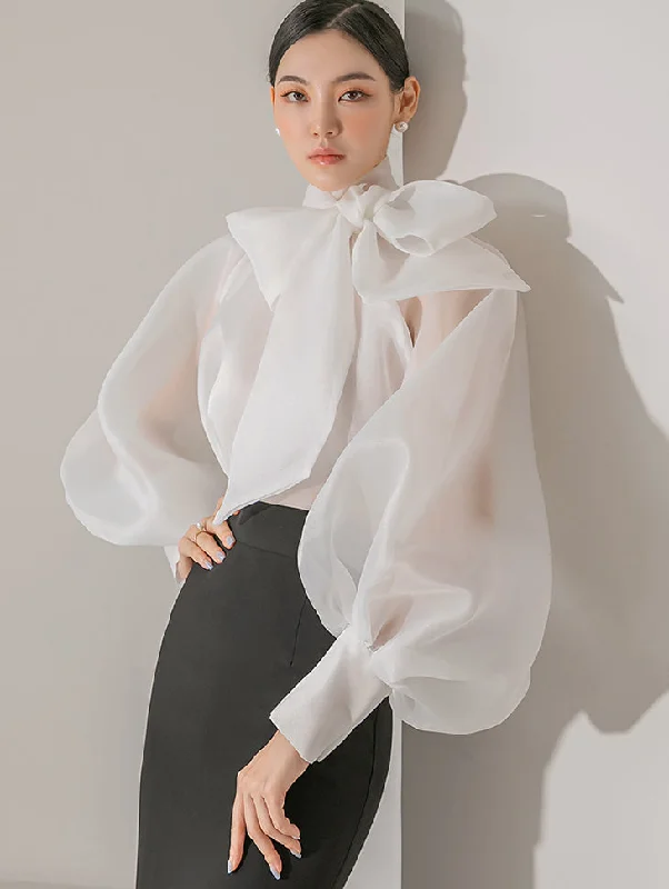 B9115 Organza See-through Scarf Blouse