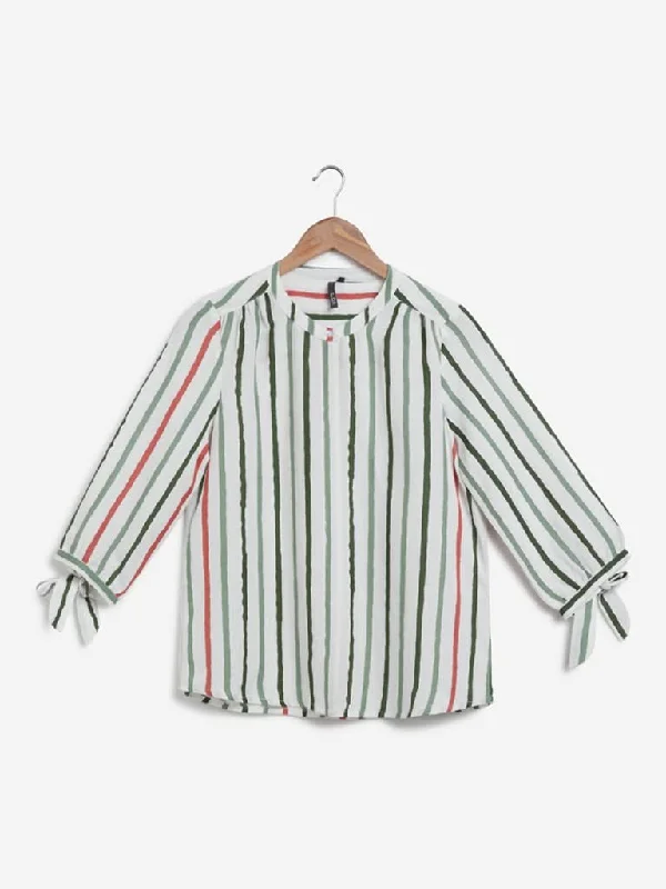 LOV Green, Red And White Striped Top