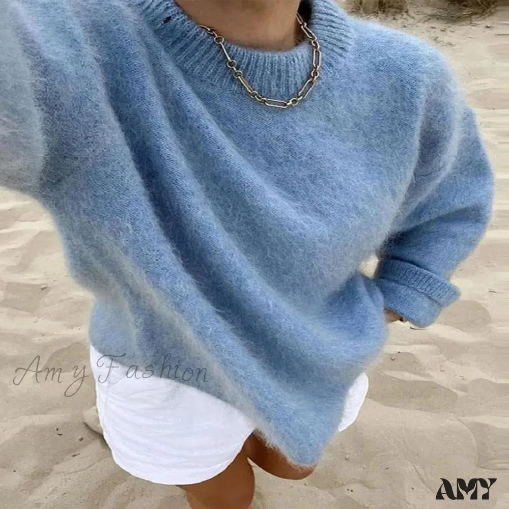 O-neck Rib Knitted Mohair Long Sleeve Women Autumn Winter Loose Cropped Jumper Casual Fashion Sweater