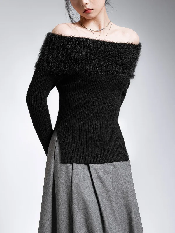 Fuzzy Off Shoulder Ribbed Modern Knit Patchwork Split Sweater