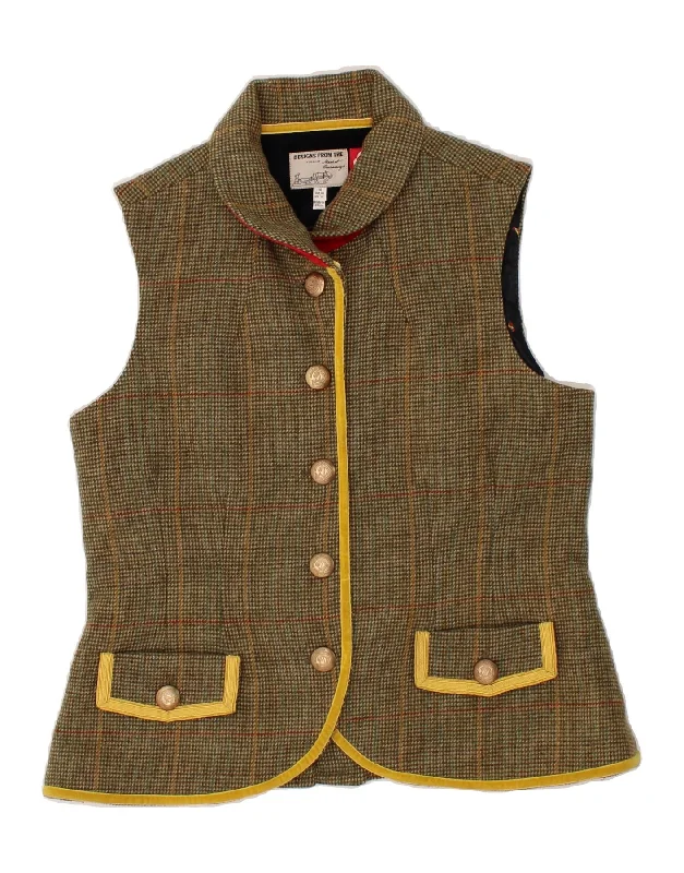 JOULES Womens Gilet UK 16 Large Khaki Check Wool