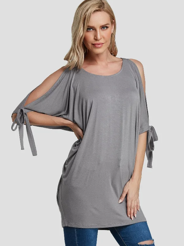 Custom Round Neck Cut Out Pleated Half Sleeve Grey T-Shirts