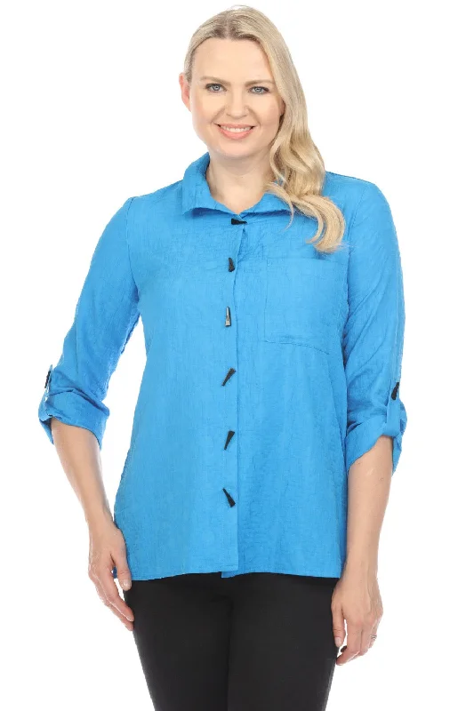 Joseph Ribkoff French Blue Crinkled Button-Down Roll-Tab Sleeve Blouse 241183