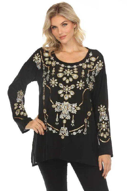 Johnny Was Biya Black Embellished Long Sleeve Top C27222