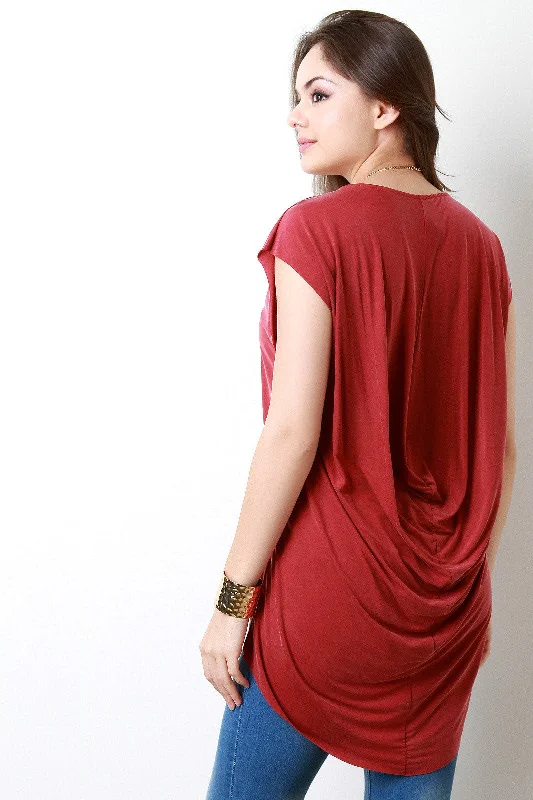 Draped Back Scoop Neck High Low Top