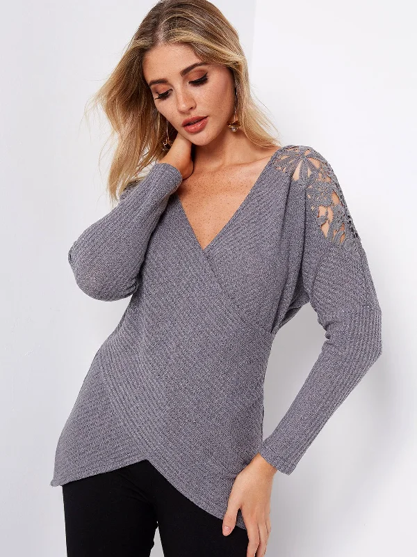 Custom Crossed Collar Plain Lace Crossed Front Long Sleeve Irregular Hem Grey T-Shirts