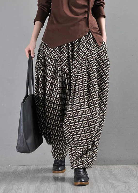 Coffee Pockets Print Elastic Waist Pants Fall