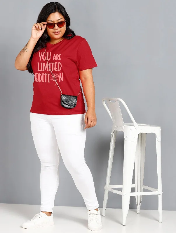 Womens Regular fit Plus Size Printed T-shirt (Maroon)