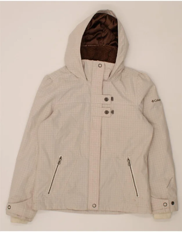 COLUMBIA Womens Hooded Rain Jacket UK 14 Medium Off White Houndstooth