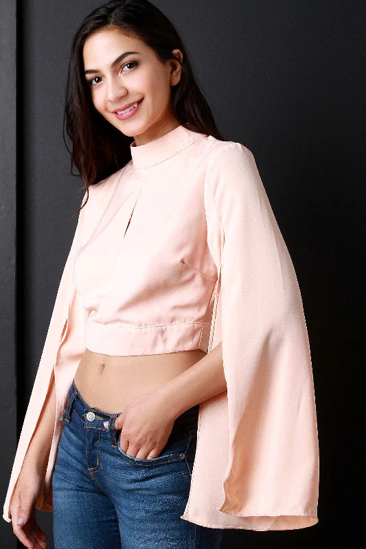 Mock Neck Keyhole Longsleeves Slit Top