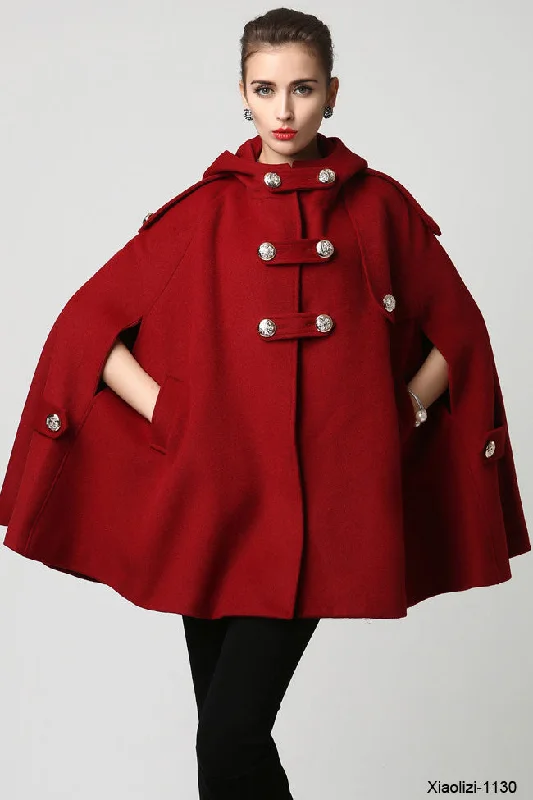 Handmade Elegant Hooded Wool Cape for Women – Wine Red Winter Coat 1130#