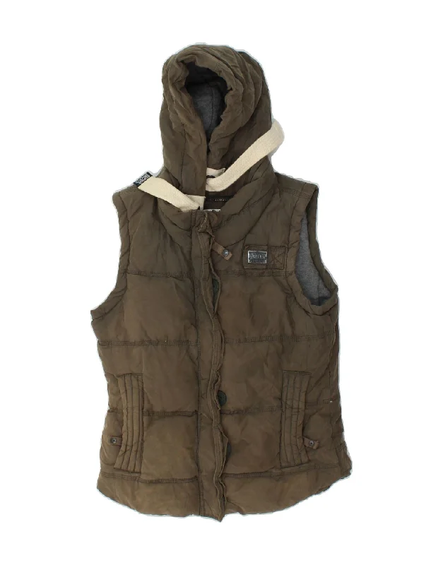 SUPERDRY Womens Hooded Padded Gilet UK 12 Medium Khaki Polyester