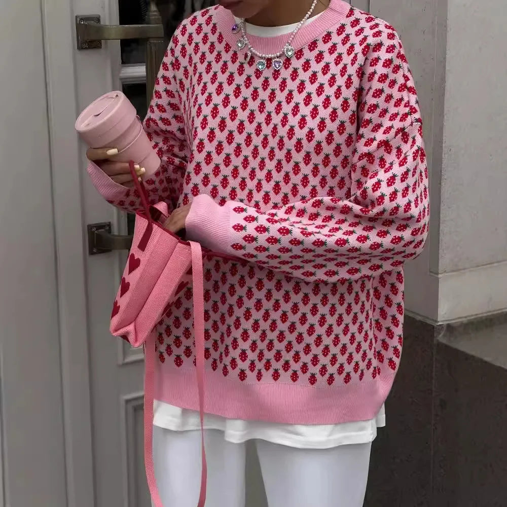 Sweetness Cute Pink O-neck Knit Pullover Women Clothing Trend Strawberry Jacquard Long Sleeve Sweater