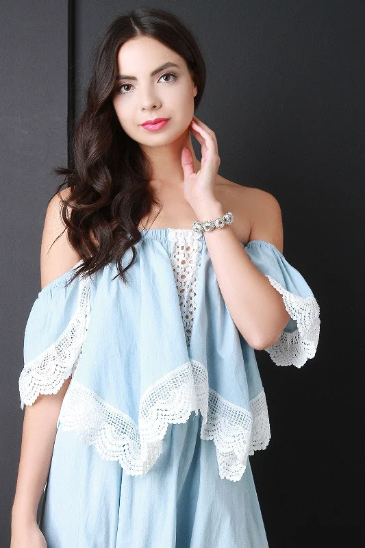 Crochet Accent Chambray Bardot Top