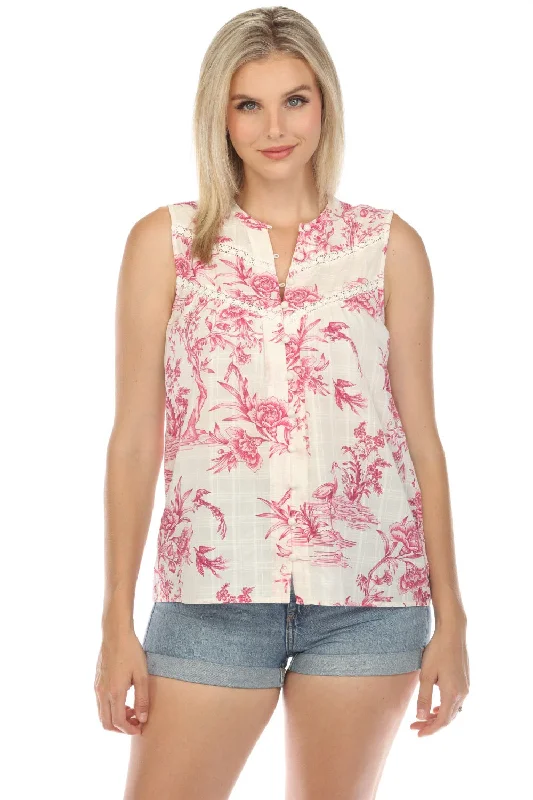 Johnny Was Pink Firebird Button Down Sleeveless Blouse Boho Chic R11824