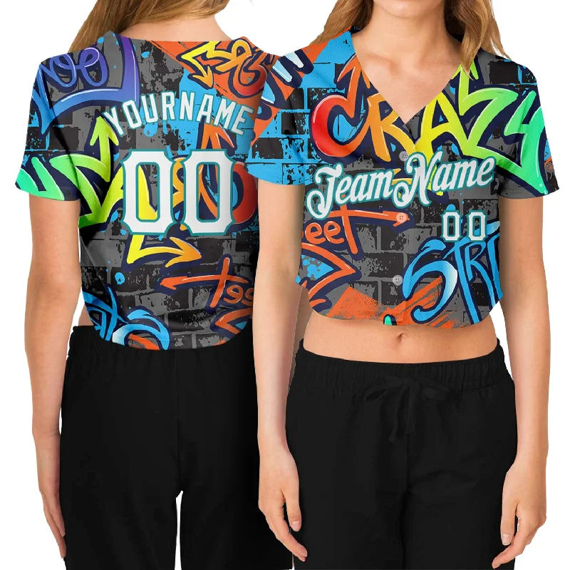 Custom Women's Graffiti Pattern White-Aqua Geometric 3D V-Neck Cropped Baseball Jersey