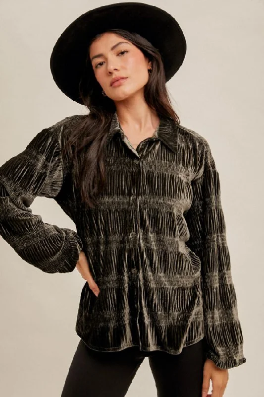 Smocked Velvet Textured Button Down Shirt