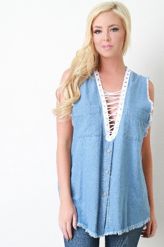 Frayed Denim Lace Up Sleeveless Top