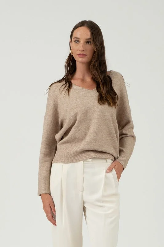 SYLVIA SOLID V NECK DROP SHOULDER KNIT SWEATER