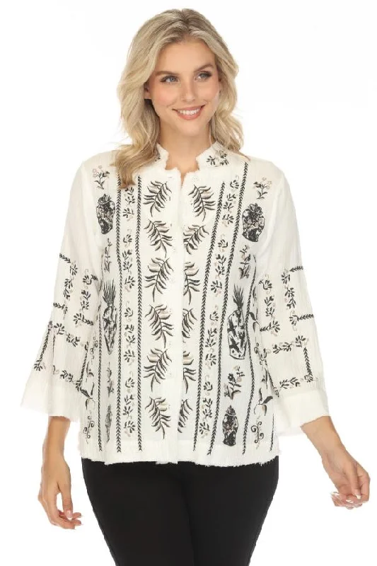 Johnny Was Biya Natural Embroidered Button-Down Blouse B42924A6 Boho Chic